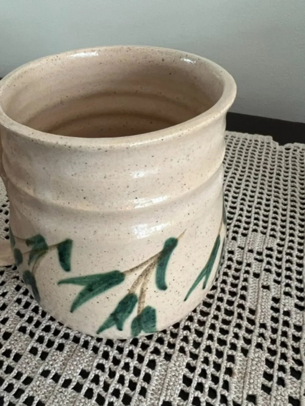 Pottery Stoneware Mug Handpainted Leaves Signed by Artist